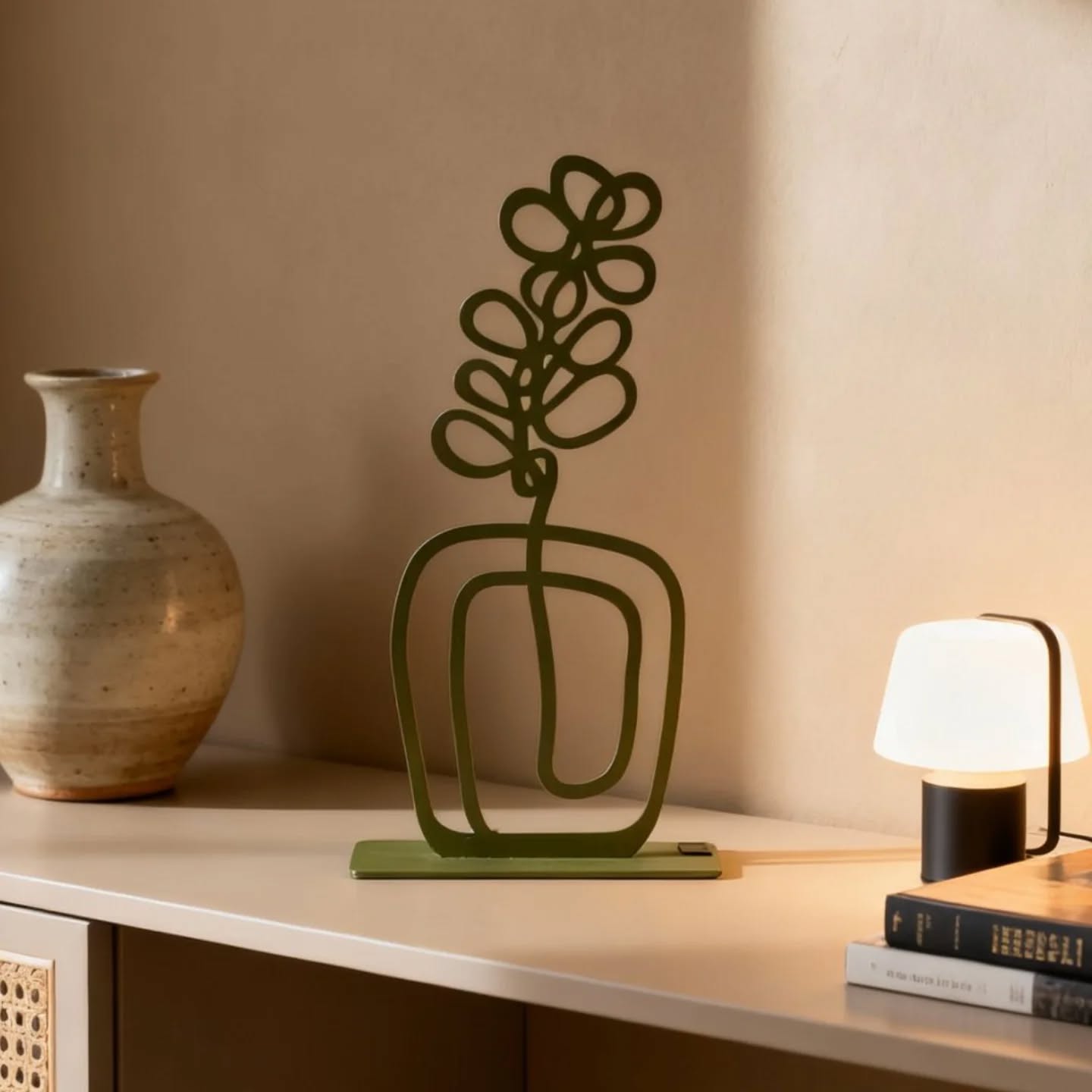 Flower in Pot a sculptural accent that marries elegance with simplicity: a minimalist metal flower rising from a sleek pot. The clean, contoured blossom adds a fresh focal point to any space—ideal for tabletops, shelves, or desks.