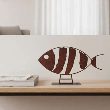 Tiger Fish a captivating fusion of elegance and contemporary design, this metal sculpture features a stylized fish with bold, clean lines. Its fluid contours evoke a sense of motion and modern artistry, making it a distinctive decorative accent. Ideal for: Modern interiors, coastal-themed spaces, or any area in need of a unique artistic touch.