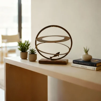 Aquarium a modern metal art piece inspired by underwater life, featuring abstract fish shapes arranged dynamically on a base. The clean lines and layered design evoke movement and serenity. Ideal for: Contemporary living rooms, offices, or spaces seeking a subtle aquatic touch.