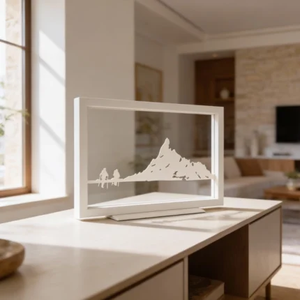 A minimalist metal sculpture capturing the essence of climbers ascending a peak. Crafted with precision, this piece embodies determination and elegance, making it a captivating addition to various interior styles. Ideal for: Modern living rooms, offices, or spaces seeking a unique and artistic accent.