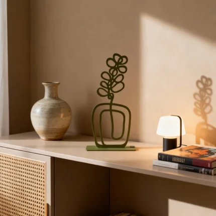 Flower in Pot a sculptural accent that marries elegance with simplicity: a minimalist metal flower rising from a sleek pot. The clean, contoured blossom adds a fresh focal point to any space—ideal for tabletops, shelves, or desks.