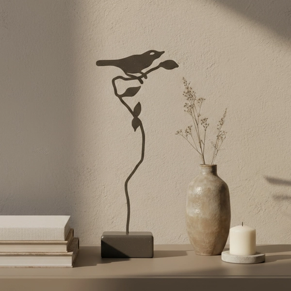 "Bird" is an elegant metal sculpture with a stylized design, emphasizing fluid curves and balance. The piece combines simplicity with artistic expression. Ideal for: Living rooms, offices, or any space that benefits from a touch of natural elegance.