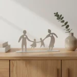 A  metal sculpture of  a family standing united, symbolizing connection and togetherness. Its simple, elegant lines create a powerful statement on family bonds and unity. Ideal for: Living rooms, family spaces, offices, or any area where warmth and connection are celebrated.