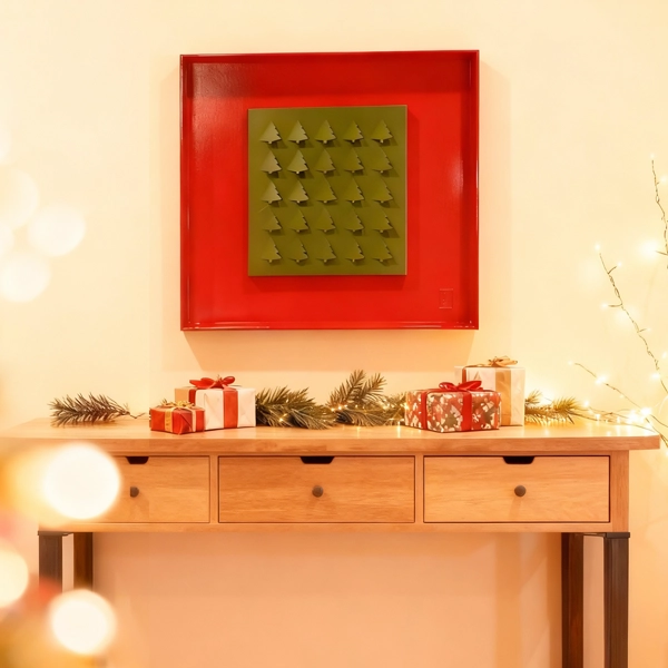 000025C_decor Festive Forest Frame – DIZE Art Objects. A modern Christmas artwork from the DIZE Art Objects collection, the Festive Forest Frame features a repeated evergreen motif that brings warmth, balance, and refined holiday charm to any interior.