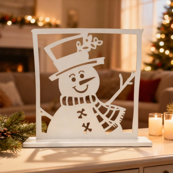 00017C_decor Snowman Stand - DIZE Art Objects. A cheerful metal decorative stand featuring a cut-out snowman motif, designed to bring warm holiday spirit to any space. The Snowman Stand adds a playful yet refined festive touch to shelves, consoles, and seasonal displays — a charming Christmas accent crafted in the signature style of DIZE Art Objects.