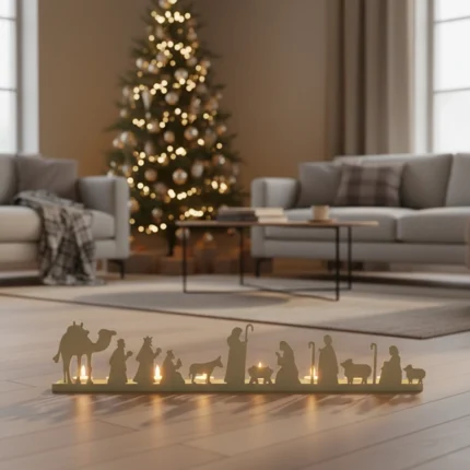 Nativity Candle Holder – DIZE Art Objects. A refined metal silhouette inspired by the classic nativity scene, crafted to bring warmth and quiet elegance to your Christmas décor. Minimal, modern and beautifully detailed — a timeless piece that glows even more when candles are lit. Perfect for creating a serene festive atmosphere.