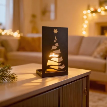 Christmas Tree Candle Holder | DIZE Art Objects. A modern metal candle holder featuring a stylized Christmas tree cut-out that casts a warm, festive glow when lit. The Christmas Tree Candle Holder brings cozy holiday ambiance to any space, blending minimalist design with seasonal charm. A refined and atmospheric decorative piece by DIZE Art Objects.