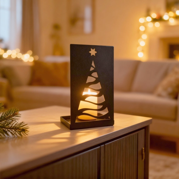 00019C_decor Christmas Tree Candle Holder | DIZE Art Objects. A modern metal candle holder featuring a stylized Christmas tree cut-out that casts a warm, festive glow when lit. The Christmas Tree Candle Holder brings cozy holiday ambiance to any space, blending minimalist design with seasonal charm. A refined and atmospheric decorative piece by DIZE Art Objects.
